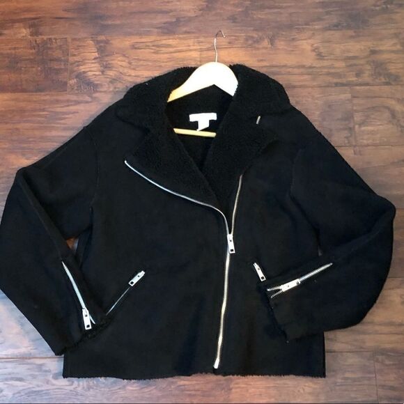 H&M women’s motor biker jacket black faux fur suede size 6 eur 38 - Picture 1 of 7